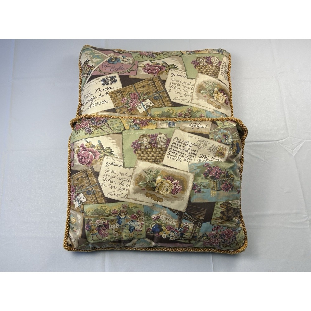 Vintage Postcard Print Decorative Throw Pillow Gold Trim Paris Chic